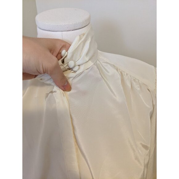 Vintage 80s Cream Satin High Neck Blouse Secretary Top Button Up Retro Sz 14 - Picture 7 of 10